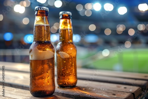 Two Chilled Beer Bottles with Dew on Wooden Table at Night Stadium  © PhilipSebastian