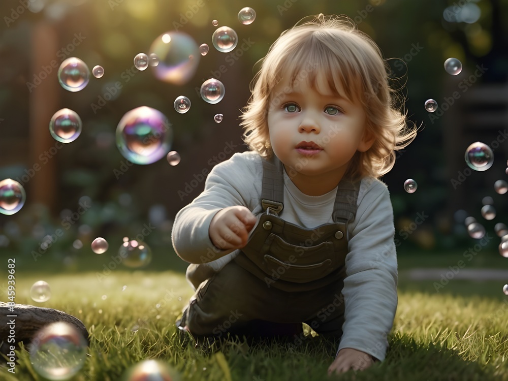 A child playing with bubbles in a garden. A child playing with bubbles in a garden.