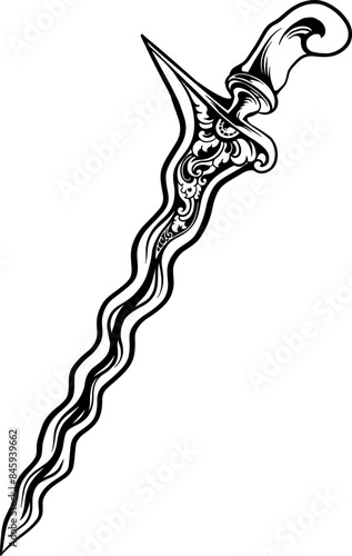 Illustration of the Traditional Weapon Keris Line Art
