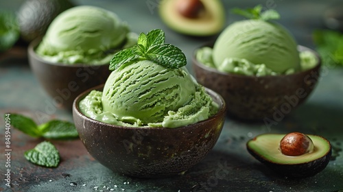 Close up shot of a delicious avocado dessert, such as avocado ice cream decorated with fresh mint © fivan
