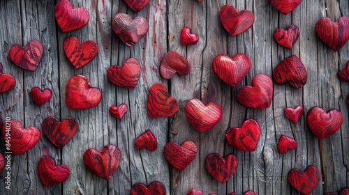 Red hearts displayed on a wooden backdrop photo