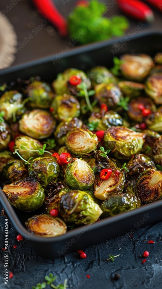Some brussels sprouts on a pan with parsley, plant-based eating meal Some brussels sprouts on a pan with parsley, plant-based eating meal