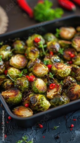 Some brussels sprouts on a pan with parsley, plant-based eating meal © Roman