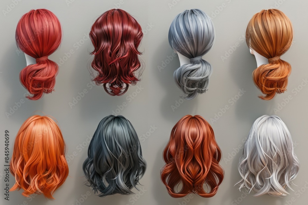 A collection of colorful wigs displayed on a wall, great for beauty or fashion themed projects A collection of colorful wigs displayed on a wall, great for beauty or fashion themed projects