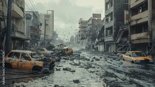 City destroyed by Tsunami waves in a disaster, with flooded streets, cars carried by waves and damaged buildings