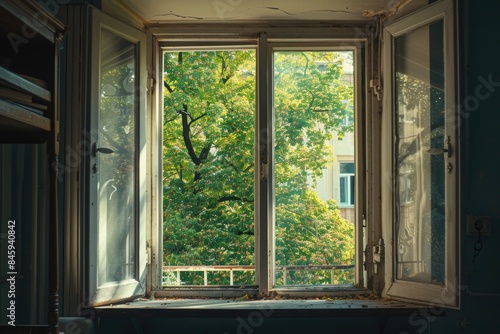 A view of a tree outside an open window