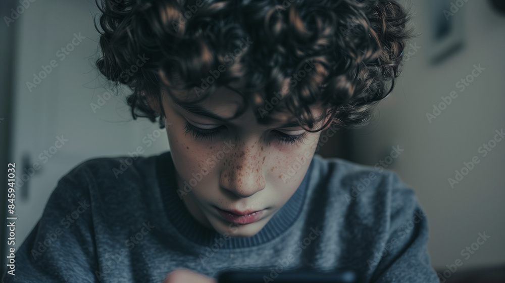 A boy with curly hair play the video game on mobile phone A boy with curly hair play the video game on mobile phone