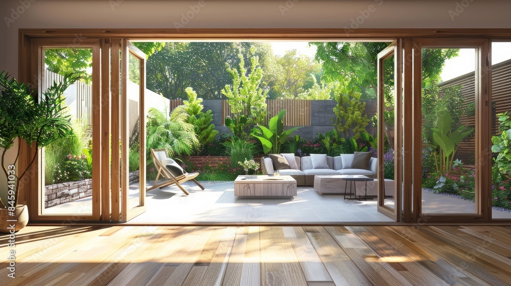 A beautiful garden and patio in summer are seen from a stylish designer room through bifold doors A beautiful garden and patio in summer are seen from a stylish designer room through bifold doors