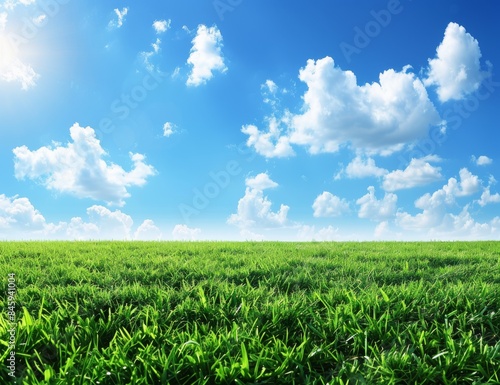 Beautiful green field landscape and blue sky with clouds. 