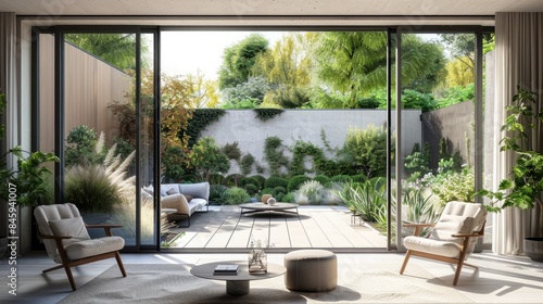 A beautiful garden and patio in summer are seen from a stylish designer room through bifold doors