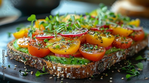 Close up shot of a delicious avocado toast with various toppings like tomatoes, radishes, and microgreens