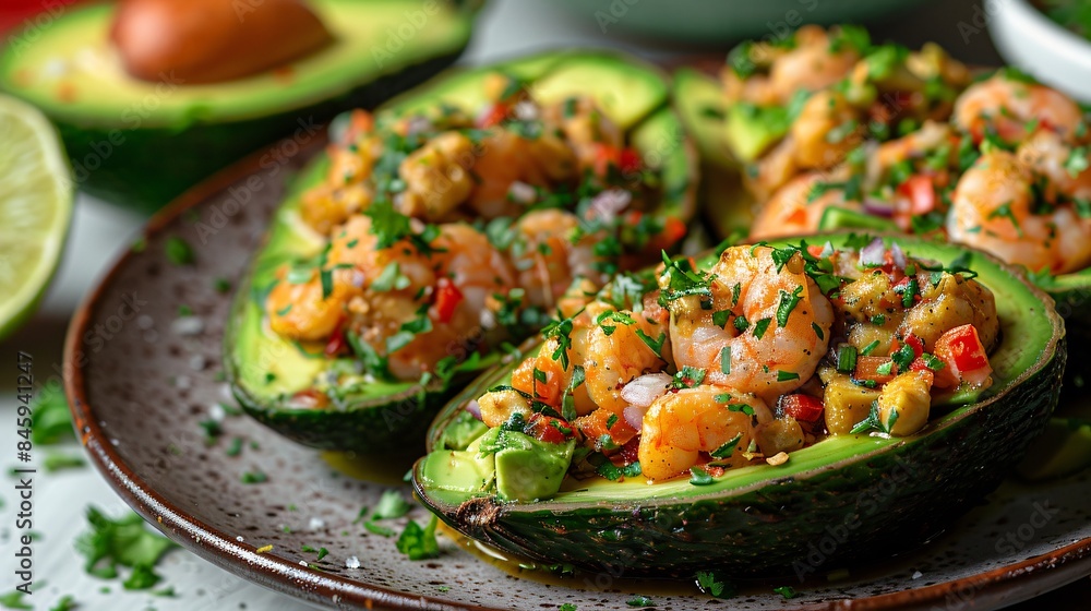 Close up shot of a halved avocados stuffed with delicious shrimp, tuna salad and quinoa Close up shot of a halved avocados stuffed with delicious shrimp, tuna salad and quinoa