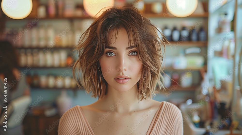 Front shot of a beautiful woman with a fresh haircut looking into the mirror in a beauty salon Front shot of a beautiful woman with a fresh haircut looking into the mirror in a beauty salon