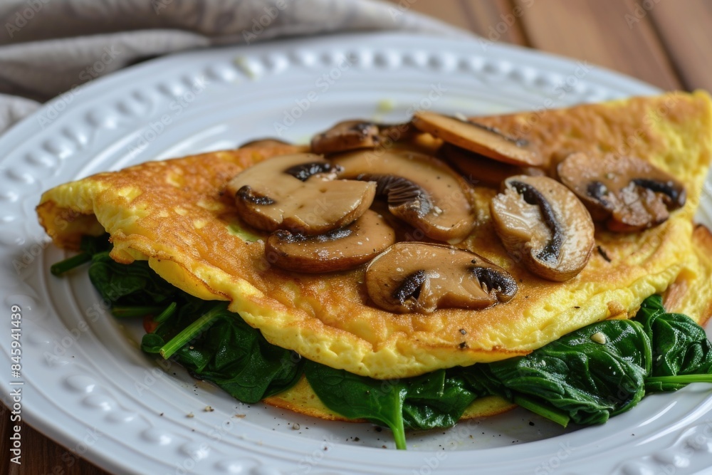 Plate of food with mushrooms and spinach, plant-based eating meal Plate of food with mushrooms and spinach, plant-based eating meal