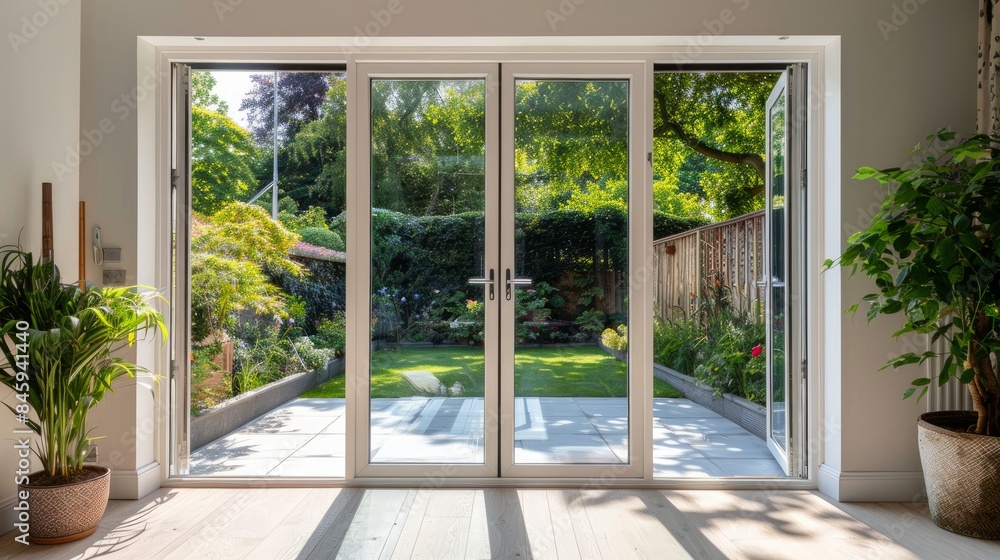 A beautiful garden and patio in summer are seen from a stylish designer room through bifold doors A beautiful garden and patio in summer are seen from a stylish designer room through bifold doors