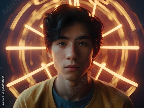 A close up front view of a cute 20 year old meditating man with black eyes, black hair.