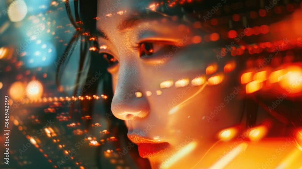 Portrait of a woman's face with soft lighting in the background, suitable for use in beauty, lifestyle and editorial contexts Portrait of a woman's face with soft lighting in the background, suitable for use in beauty, lifestyle and editorial contexts