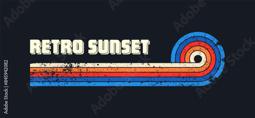 Grunge horizontal vintage sunsets. Various colorful striped sunrise badges in 80s and 90s style. Sun and ocean view, summer vibes, surfing. Design element, print, logo or t-shirt. Vector illustration