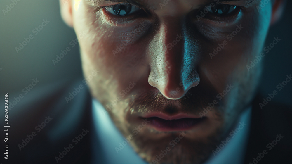 Close up of a young Caucasian male lawyer's face with a beard looking serious. Close up of a young Caucasian male lawyer's face with a beard looking serious.
