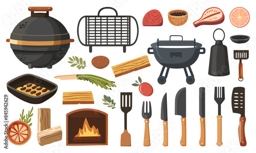 Barbecue elements set. equipment for cooking bbq. Grill brazier vegetables meat fire meat. Vector hand draw flat style. Isolated on white