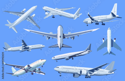 Airplanes in different angles set . Passenger and cargo air transport. Elements for travel design, holiday poster decoration. Dark blue background. Vector clipart