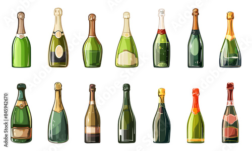 Champagne bottles set. Different shape and size. Alcohol collection elements. Alcoholic beverages in bottles. Bottle icons isolated Vector collection