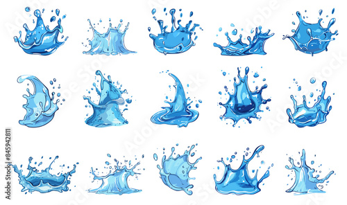Falling water drops set. Liquid splashes, blue water aqua spills. Nature splash elements. Raindrop or sweat, wet droplets of dew shapes. Vector collection