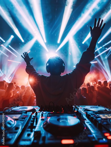 A dj mixing in front of a crowd of people, great for events or party scenes