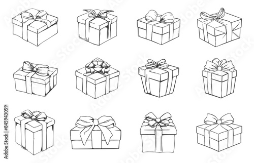 Line gift boxes set. With bow and ribbon. Different shape size and angles. Outline hand drawn style. Holiday wedding christmas birthday decoration. Vector clipart