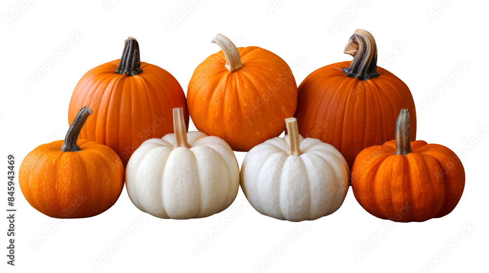 A group of six pumpkins, three orange and three white, arranged in a pyramid shape. A group of six pumpkins, three orange and three white, arranged in a pyramid shape.