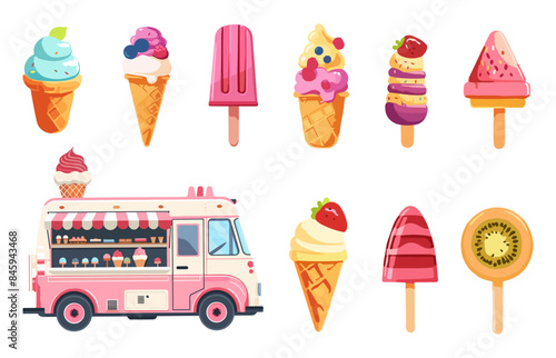 Summer ice cream set. Popsicles fruit ice creams cones with different topping. Frozen yogurt truck. Tasty sweet summer desserts. Isolated vector collection