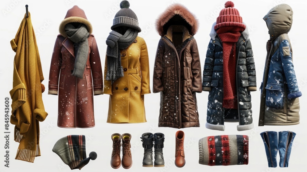 Collection of unique coats and hats on a plain white background, perfect for fashion or lifestyle photography Collection of unique coats and hats on a plain white background, perfect for fashion or lifestyle photography
