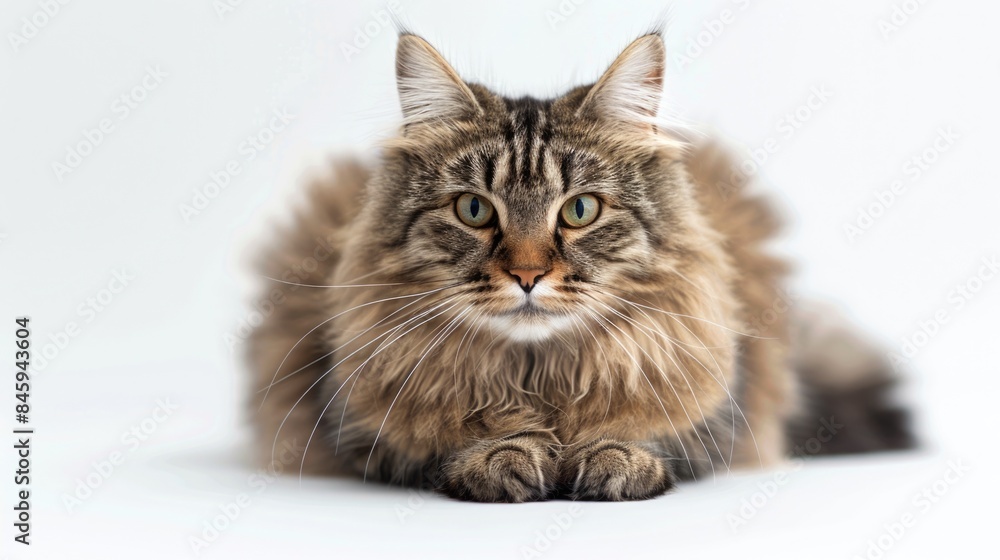 A close-up shot of a long-haired cat lying down on a white surface, with its fur blowing gently A close-up shot of a long-haired cat lying down on a white surface, with its fur blowing gently