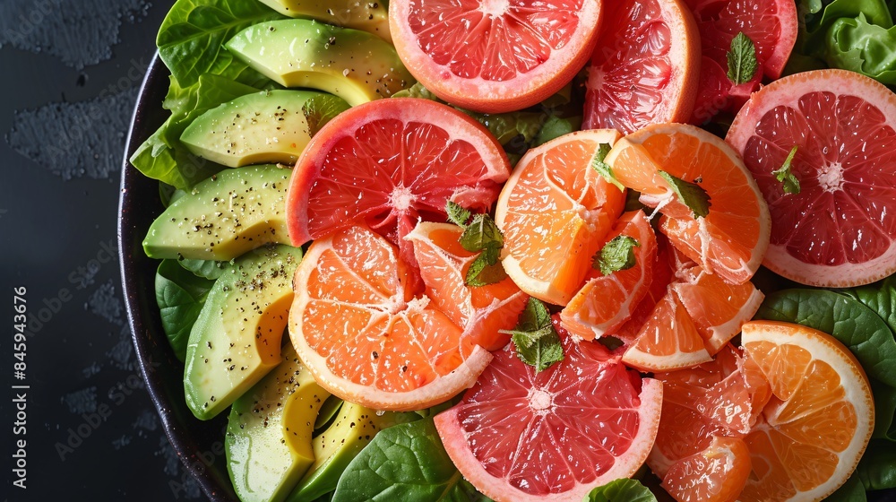 Top view of a refreshing salad with avocado, grapefruit, oranges and a light citrus dressing Top view of a refreshing salad with avocado, grapefruit, oranges and a light citrus dressing