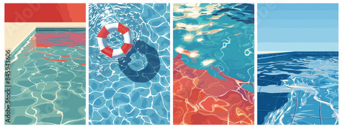 Summer pool surface posters set. Transparent blue water. Float. Topand side view. Background for cover design, card, flyer, poster, surface. Abstract minimal vector