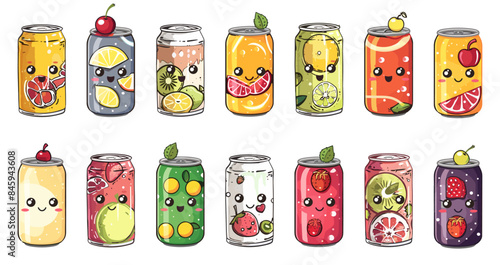 Tasty sodas set. Carbonated soft drinks. Summer soda cola. Non alcoholic drinks in aluminum cans. Refreshing fruit flavours. Isolated cartoon vector kawaii style