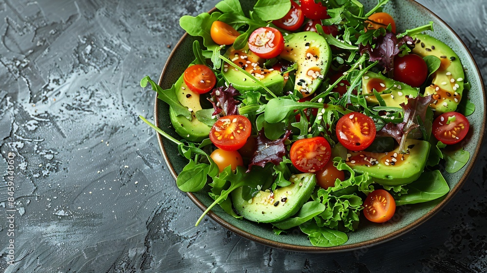 Top view of a vibrant salad featuring avocado slices, mixed greens, cherry tomatoes, on the table Top view of a vibrant salad featuring avocado slices, mixed greens, cherry tomatoes, on the table