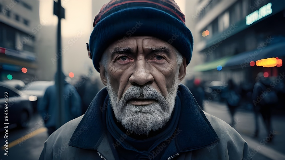 Homeless man in the city, blurred background. Homeless man in the city, blurred background.