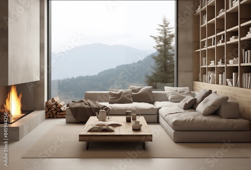 Cozy Living Room with Mountain View and Fireplace photo