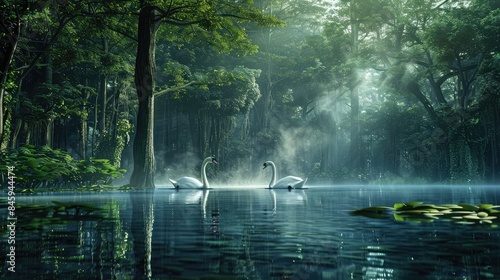 Early morning pond encircled by woods, mist hovering over the water as swans glide silently, creating a tranquil scene. © Aqsa