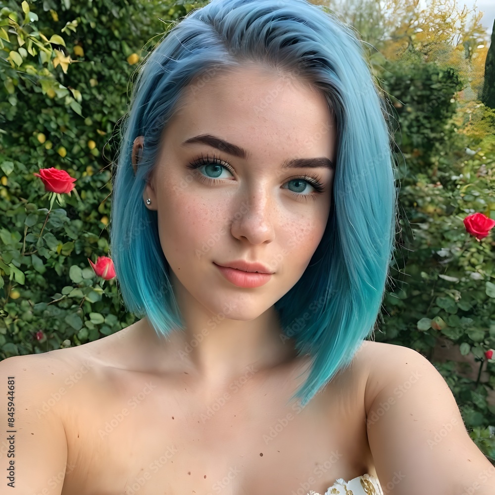 Portrait of a blue hair woman, very attractive, green and flowers background. Portrait of a blue hair woman, very attractive, green and flowers background.