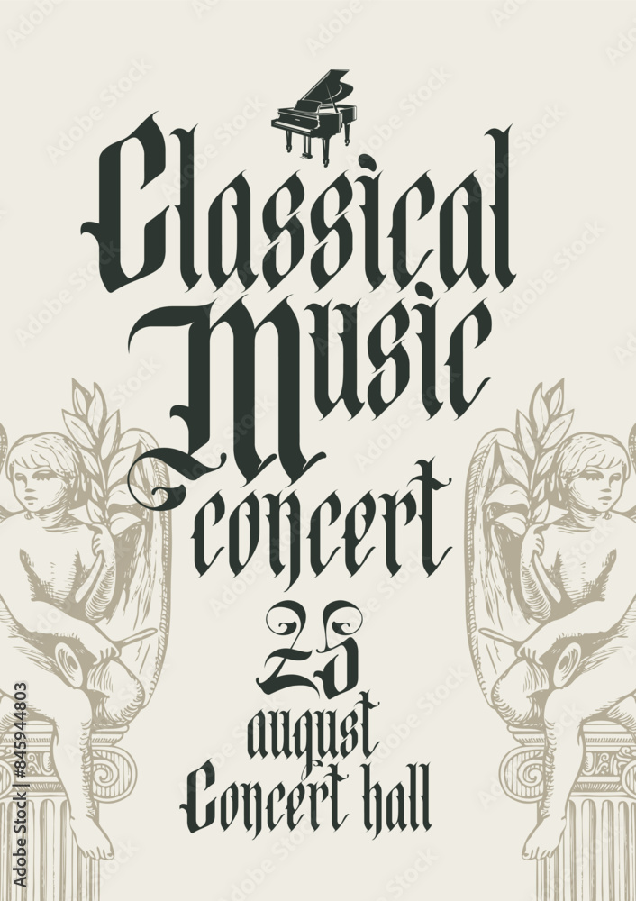 Vector poster for classical music concert with grand piano and contour drawings of angels in retro gothic in style. Suitable for flyer, invitation, playbill, web design Vector poster for classical music concert with grand piano and contour drawings of angels in retro gothic in style. Suitable for flyer, invitation, playbill, web design