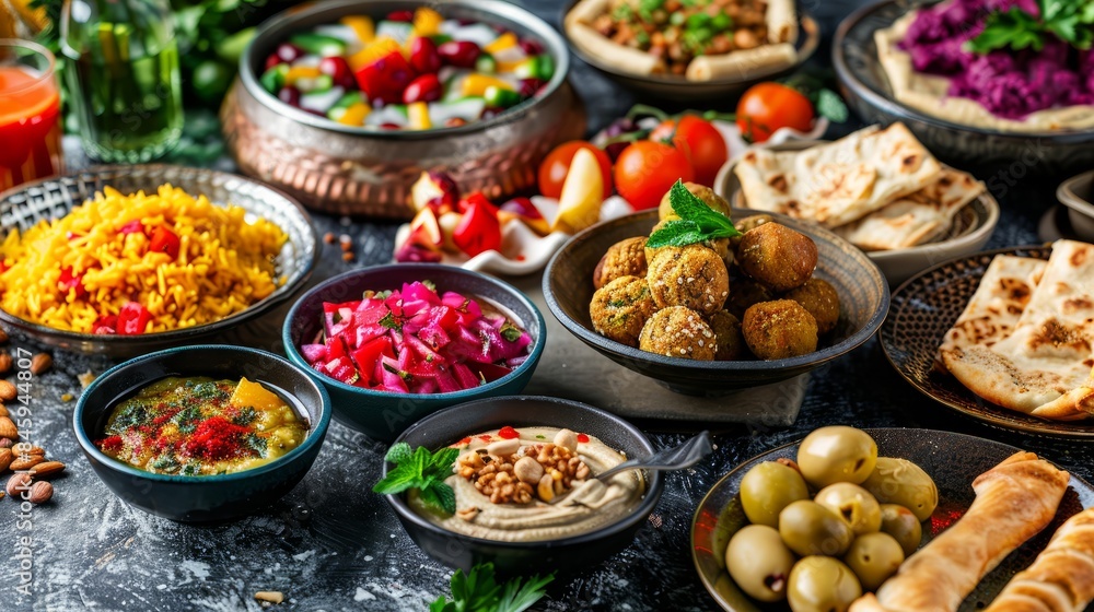 Arabic traditional cuisine. Middle Eastern colorful hummus, pita, falafel, dolma, baklava, halva, rahat lokum, sherbet, nuts, dried fruits. Mediterranean assorted appetizers, abundance concept Arabic traditional cuisine. Middle Eastern colorful hummus, pita, falafel, dolma, baklava, halva, rahat lokum, sherbet, nuts, dried fruits. Mediterranean assorted appetizers, abundance concept