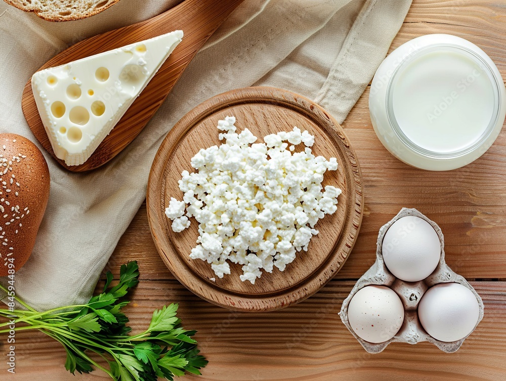 A close-up of a wooden table with a plate of cheese and eggs A close-up of a wooden table with a plate of cheese and eggs