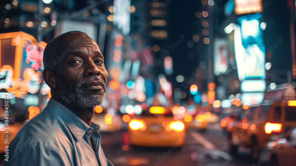 Older African American man looking at the camera on the street looking up at night in New York City. Older African American man looking at the camera on the street looking up at night in New York City.