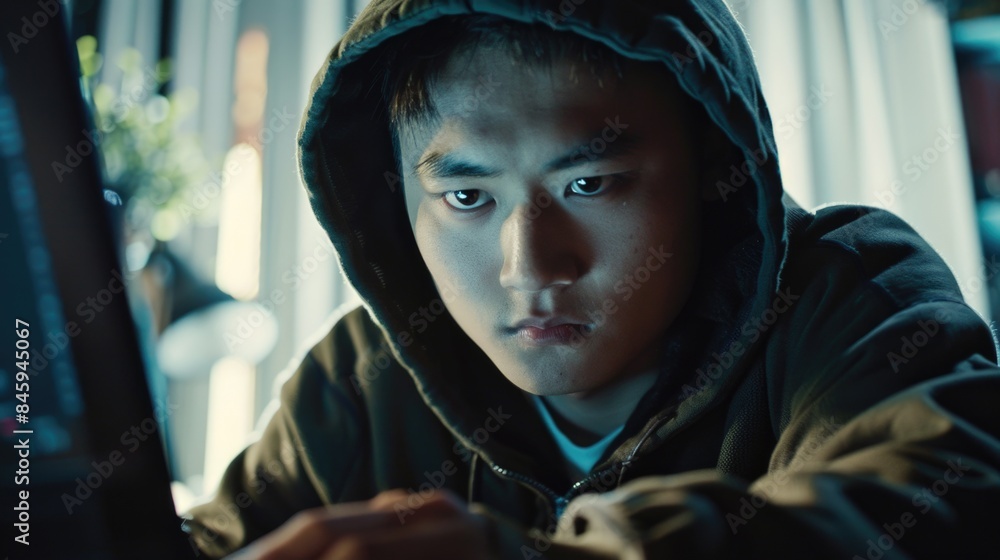 A young man looks at a computer screen with a hoodie and possibly working or gaming A young man looks at a computer screen with a hoodie and possibly working or gaming