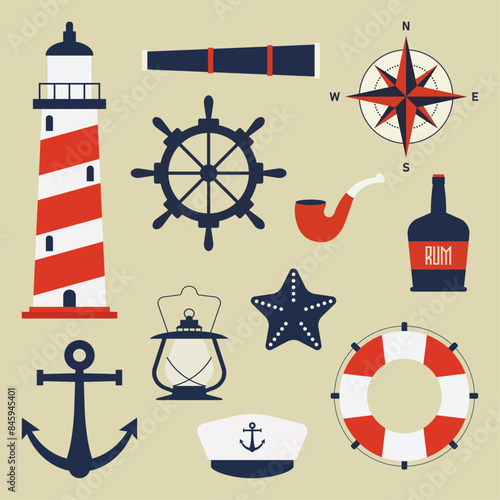 Set of sea icons and symbols. Collection of hand drawn vector nautical elements in flat style. Red and blue sailing illistrations