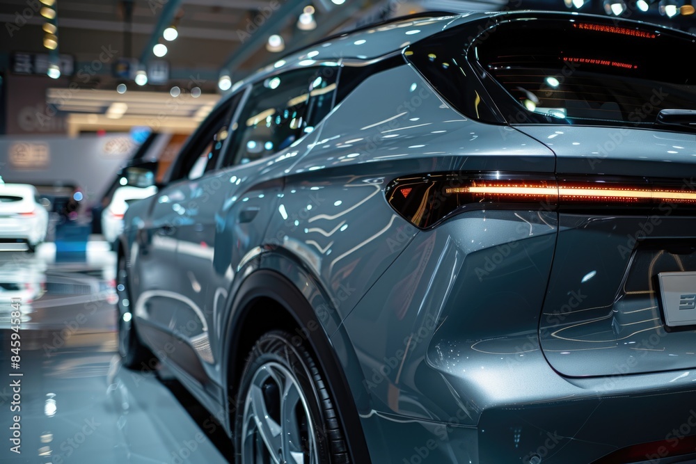 A close-up view of a car displayed at a car show, with details such as wheels and bodywork visible A close-up view of a car displayed at a car show, with details such as wheels and bodywork visible