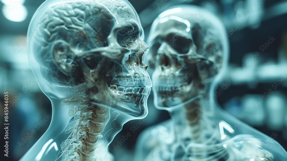 Two skeletons are shown in a glass case, one of which is kissing the other. Concept of intimacy and connection between the two figures, as if they are sharing a moment of affection Two skeletons are shown in a glass case, one of which is kissing the other. Concept of intimacy and connection between the two figures, as if they are sharing a moment of affection
