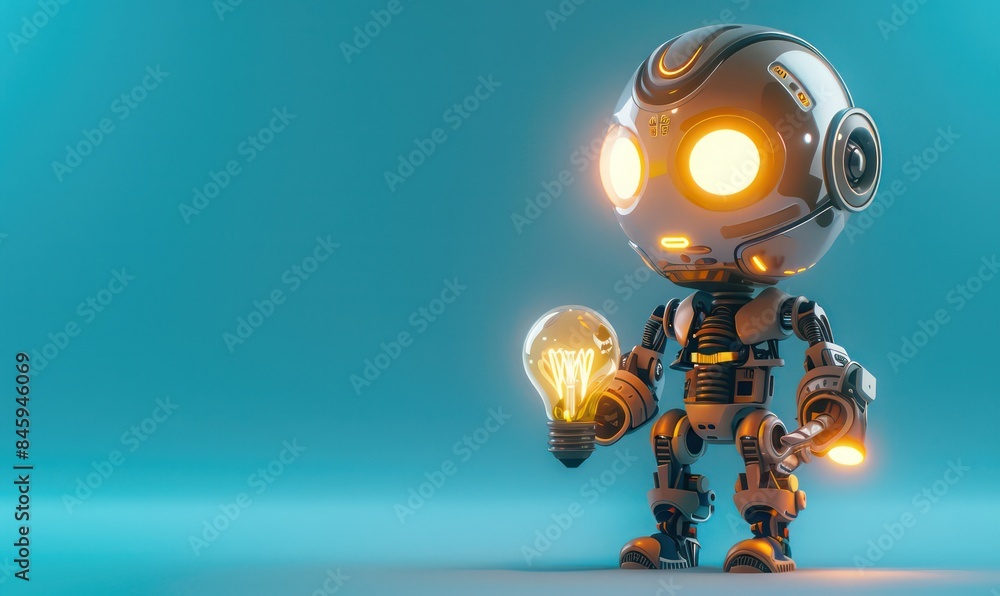 Mini robot with a lightbulb, showcasing a whimsical and innovative design. The robot is small and charming Mini robot with a lightbulb, showcasing a whimsical and innovative design. The robot is small and charming